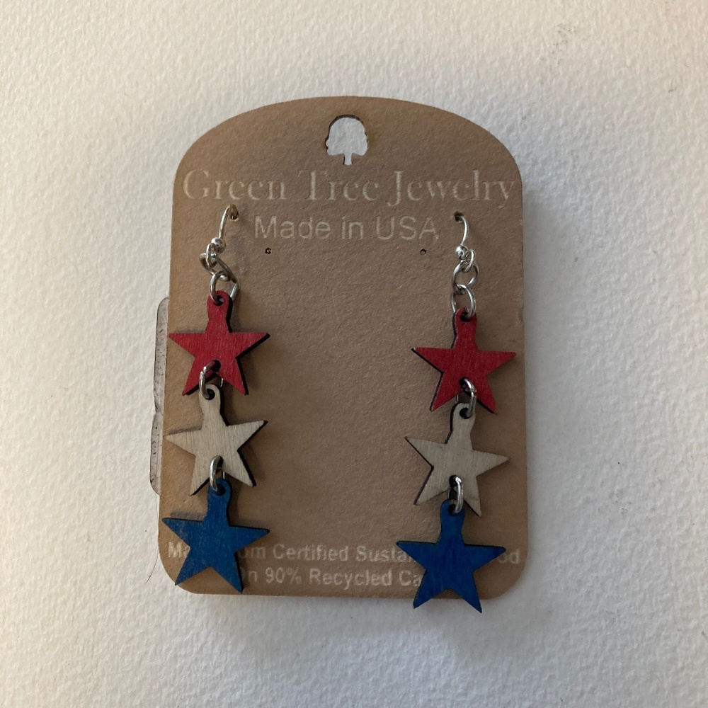 Celebrate 250 ! Red white and blue star dangle wood earrings